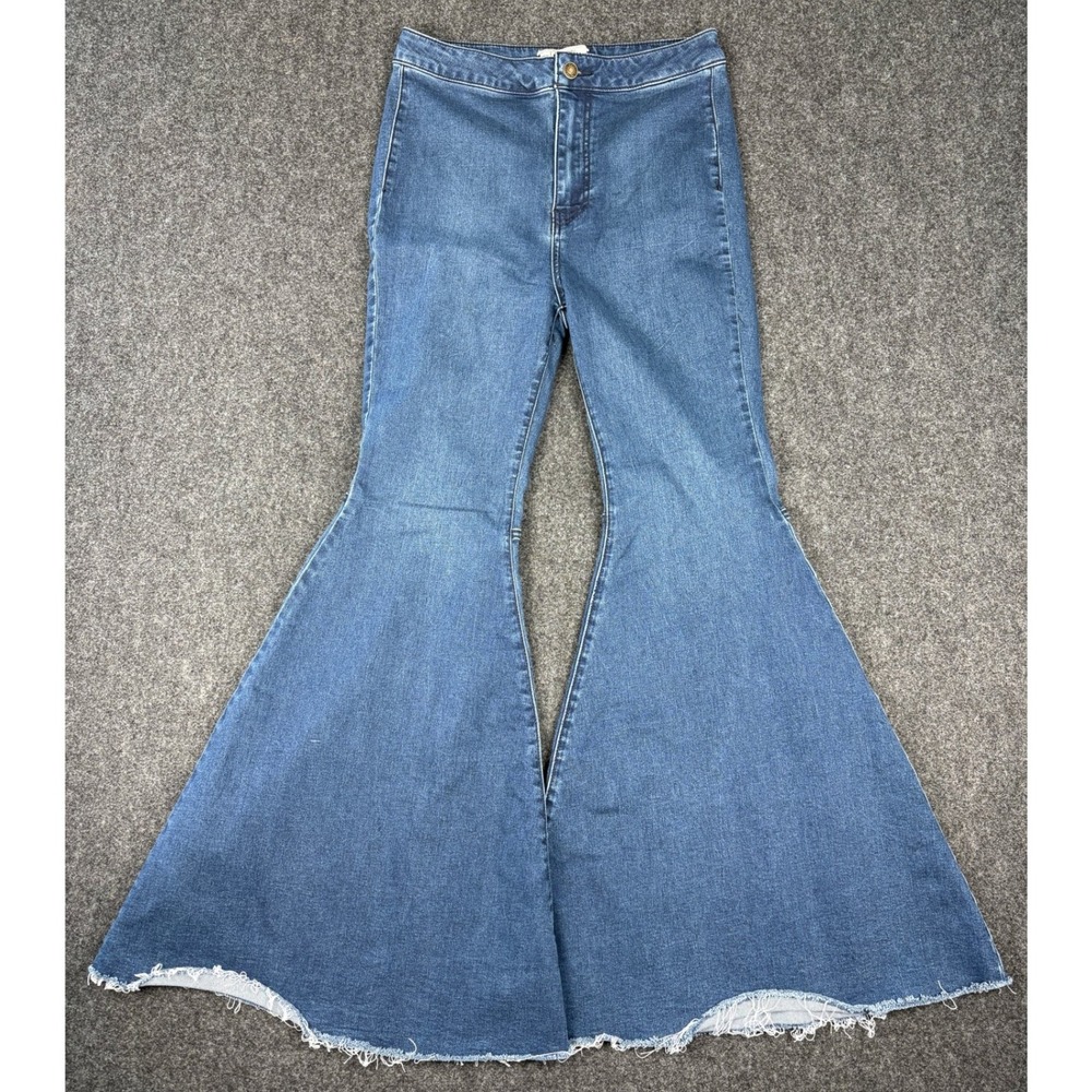 Free People Just Float On Flare Jeans Blue High Rise Bell Bottom Raw Hem Size 30
